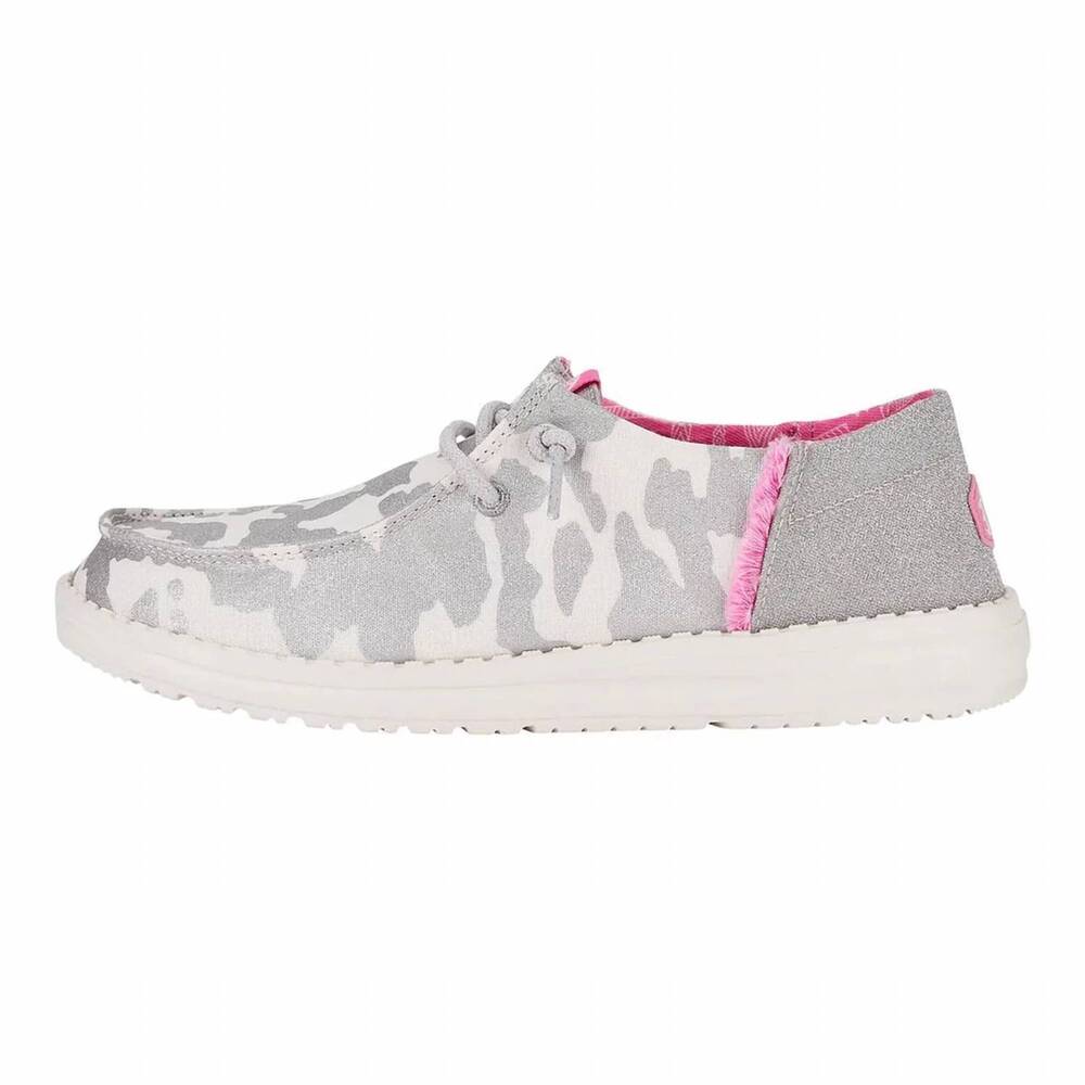 NEW HEY DUDE women's wendy funk cow print casual shoes in silver and pink